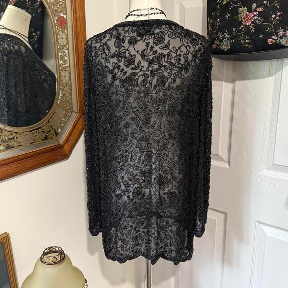 VTG 90s Black Tie by Oleg Caassini Black Beaded Silk Floral Long Sleeve Kimono L - Picture 5 of 8